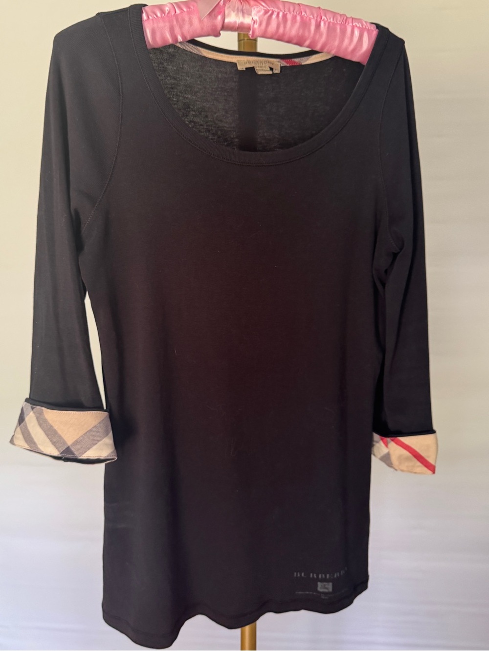 Burberry Black Long Sleeve Scoop Neck Top with Check Cuff